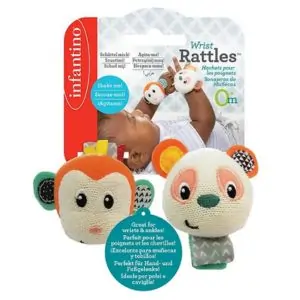Infantino Monkey & Panda Wrist Rattles, Multicolor Pack of 2 for Infants, Hand-Eye Coordination Development