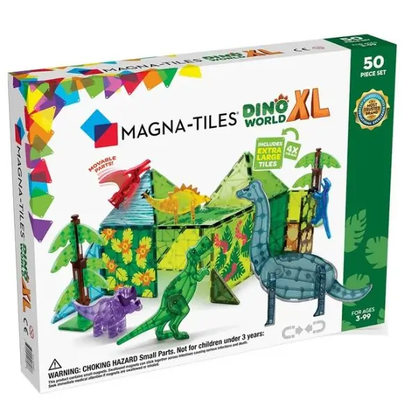 MAGNA-TILES Dino World XL Construction Set, 50-Piece Magnetic Building Blocks, Ages 3+, Large Tiles with Dinosaurs & Trees