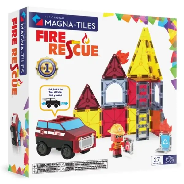MAGNA-TILES Fire Rescue 27-Piece Magnetic Building Tiles Set – STEM Construction Toy with Fire Truck & Figures for Kids Ages 3+