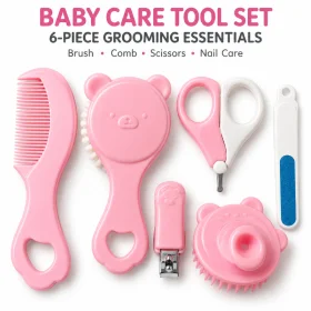 6-Piece Baby Care Grooming Tool Set for Babies – Pink & White Baby Brush, Comb, Silicone Brush, Scissors, Nail Clipper & Nail File