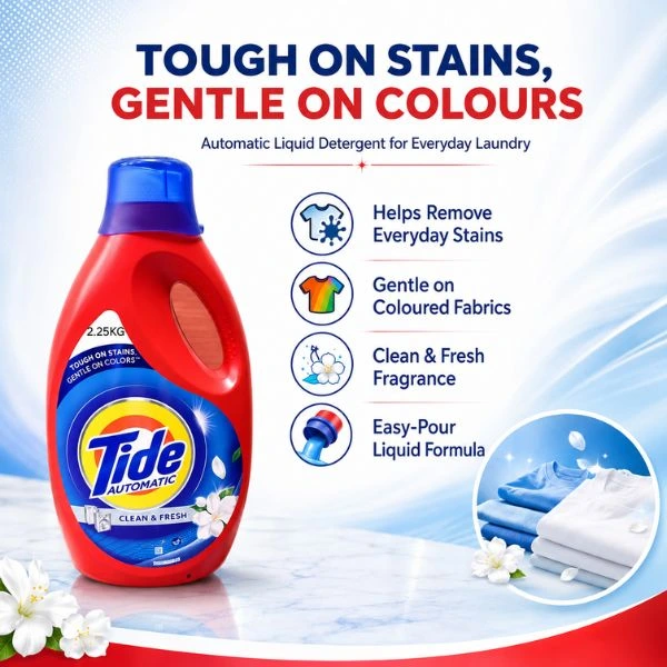 Tide Automatic Liquid Laundry Detergent 2.25kg Clean & Fresh  – Tough on Stains, Gentle on Colours, Liquid Detergent for Automatic Washing Machines (4PC/CTN)