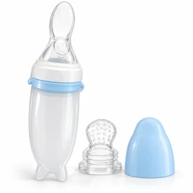 120ml Baby Silicone Squeeze Feeding Spoon Bottle with Spoon Attachment & Protective Cap – Blue