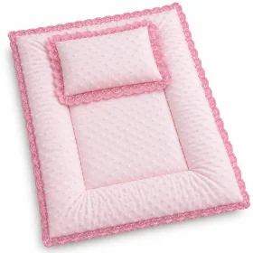 AL ARQAM Soft Padded Baby Mat & Matching Pillow Set, 68 x 50 cm Baby Cushion Mat with 30 x 20 cm Pillow, Textured Fabric & Pink Lace Trim – Light Pink