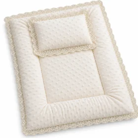 AL ARQAM Soft Padded Baby Mat & Matching Pillow Set, 68 x 50 cm Baby Cushion Mat with 30 x 20 cm Pillow, Textured Fabric & Cream Lace Trim – Cream