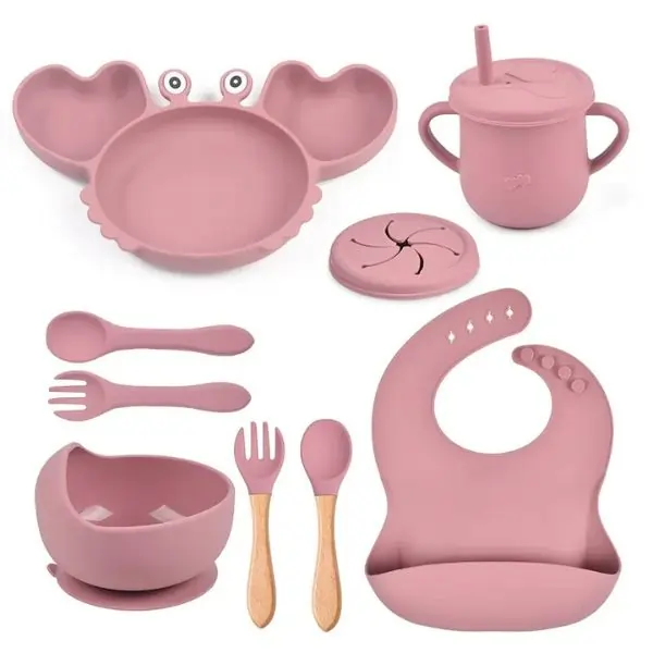 ALGO 9 PCS Food Plate Set with Cup and Wooden Spoon for Early Educational Feeding