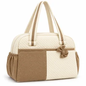 Mommy Diaper Bag with Dual Handles, Side Pockets & Bow Detail – Spacious Baby Essentials Carry Bag – Beige