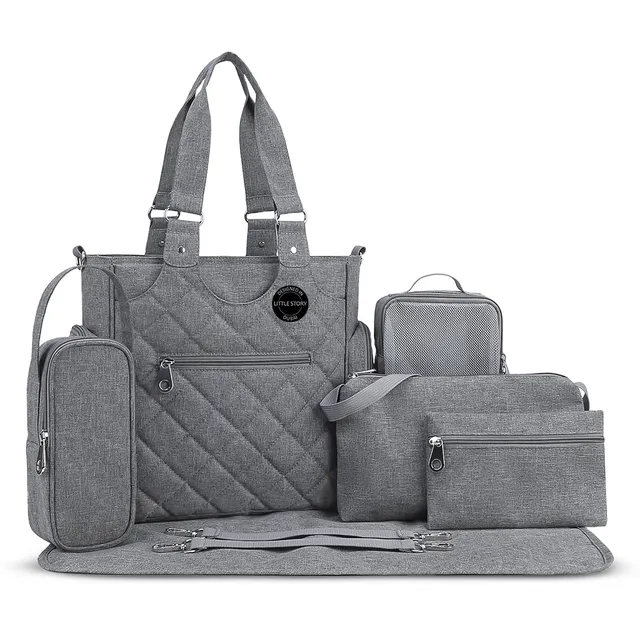 Little Story -Grey Quilted Diaper Bag & Baby Essential Set - 7 Pcs