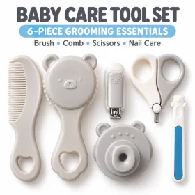 6-Piece Baby Care Grooming Tool Set for Babies – Grey & White Baby Brush, Comb, Silicone Brush, Scissors, Nail Clipper & Nail File