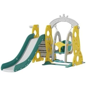 AL ARQAM 3-in-1 Indoor & Outdoor Play Structure – Plastic Slide with Swing & Basketball Hoop – Kids Activity Set, Size: 141x204x106cm, Yellow & Green