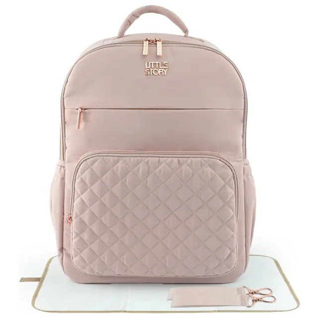 Little Story - Pink Quilted Diaper Backpack And Changing Mat Set