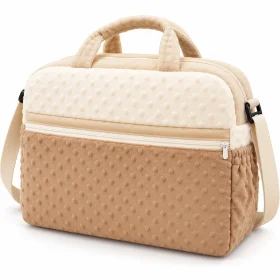 Mommy Diaper Bag with Front Zipper Pocket, Soft Minky-Dot Fabric, Top Handles & Shoulder Strap – Beige