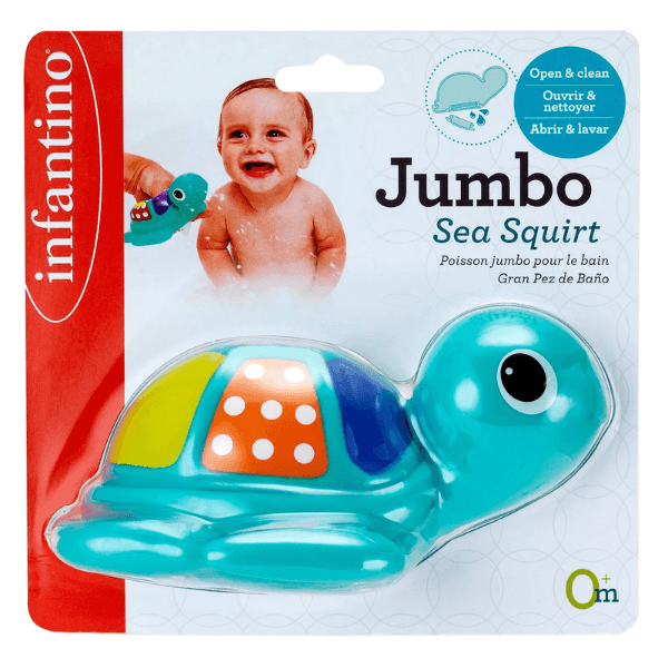Infantino Jumbo Sea Squirt Turtle Bath Toy - Mold Resistant, Easy Drain, Fun Water Stream, Blue, 0+ Months
