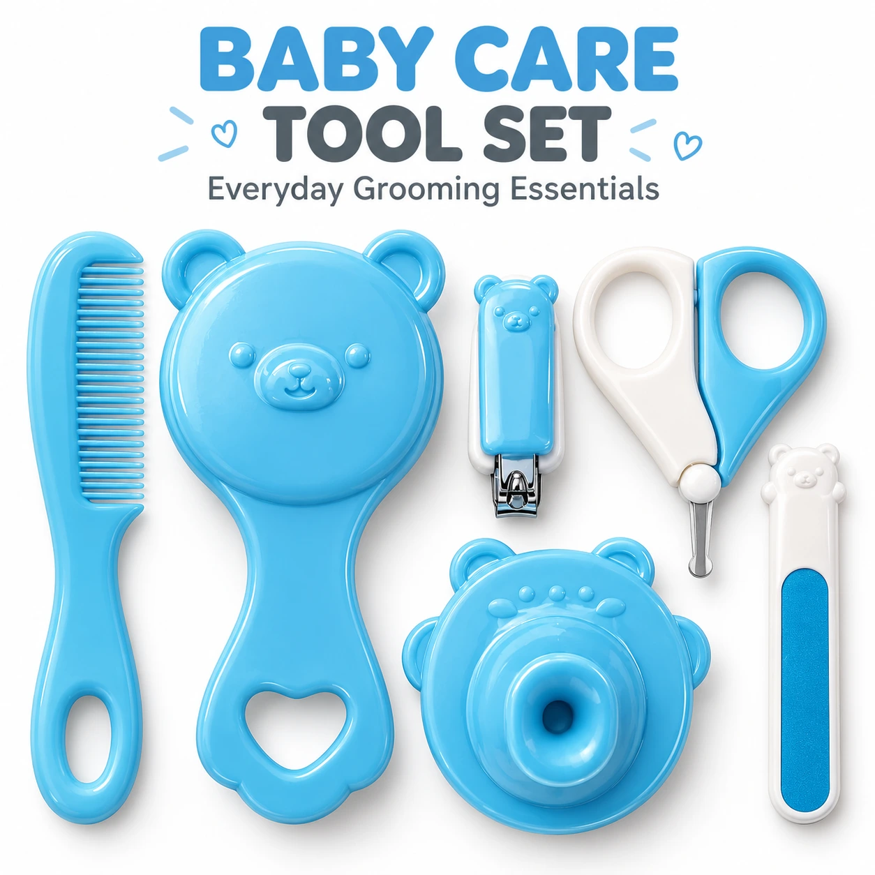 6-Piece Baby Care Grooming Tool Set for Babies – Blue & White Baby Brush, Comb, Silicone Brush, Scissors, Nail Clipper & Nail File