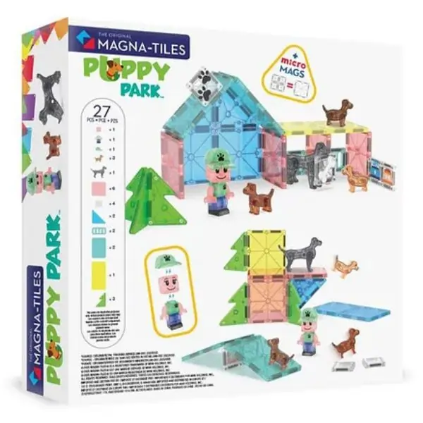 MAGNA-TILES Puppy Park 27-Piece Magnetic Building Tiles Set – STEM Construction Toy with Puppy Figures for Kids Ages 3+