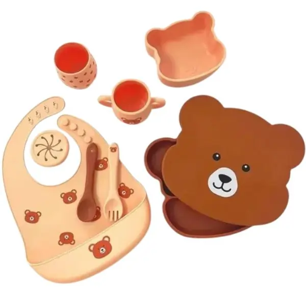 ALGO 7 PCS Bear Face Food Plate Set with Cups and Spoons – Fun Toddler Feeding Set