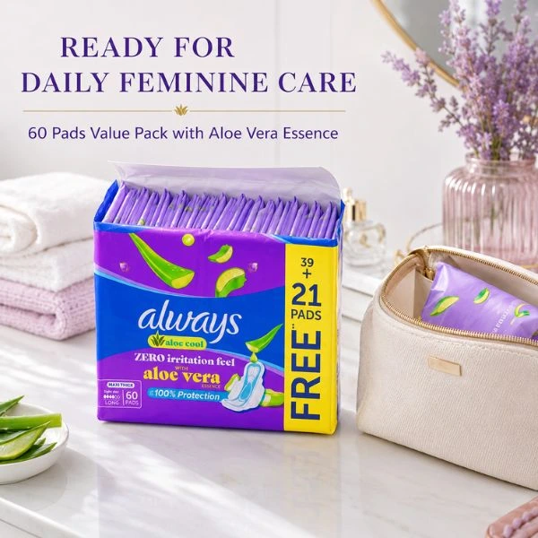 Always Aloe Vera Essence Sanitary Pads 60 Count(3PK/CTN) – Long Maxi Thick Pads for Daily Feminine Hygiene