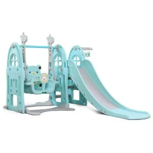 AL ARQAM 3-in-1 Kids Indoor & Outdoor Playground Set with Slide, Swing, and Basketball Hoop – Toddler Playset for Boys & Girls. Green, Grey