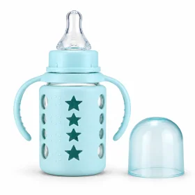 ALGO 120ml Glass Baby Feeding Bottle with Handles – Mint Blue