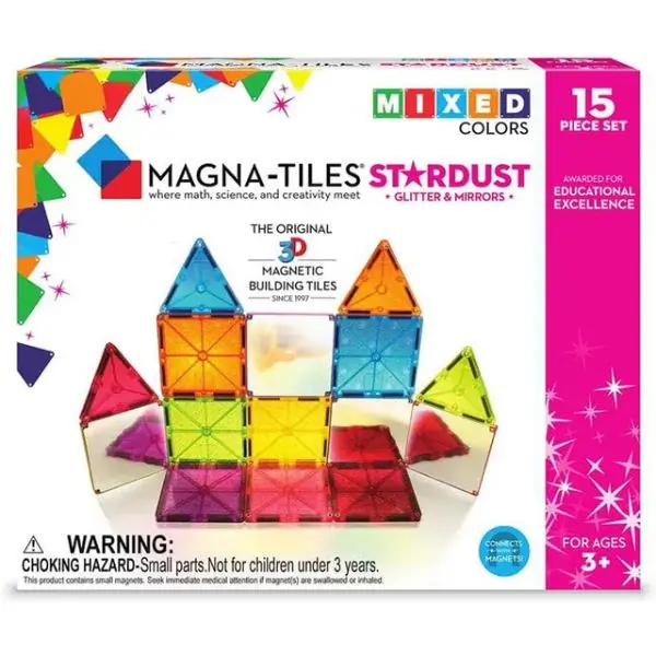 MAGNA-TILES Stardust 15-Piece Magnetic Building Set, Sparkle & Glitter Tiles for Kids, STEM Construction Toy, Colorful, Non-Toxic, Ages 3+