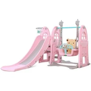 AL ARQAM 3-in-1 Kids Indoor & Outdoor Playground Set with Slide, Swing, and Basketball Hoop – Toddler Playset for Boys & Girls – Pink