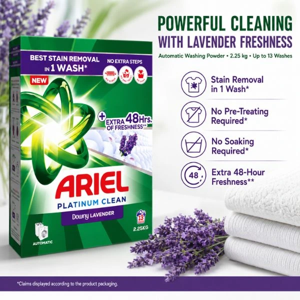 Ariel Platinum Clean Downy 2.25kg Lavender Laundry Detergent Powder  – Automatic Washing Machine Powder, Tough Stain Removal in 1 Wash, Up to 48-Hour Freshness, 13 Washes (4PC/CTN)