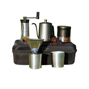 AL ARQAM 9-Piece Portable Camping Coffee Maker Set – Manual Pour Over Coffee Kit with Grinder, Gooseneck Kettle, Stainless Steel Filter & 2 Cups – Complete Travel Coffee Set in Protective Carrying Cas