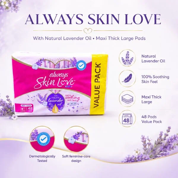 Always Skin Love Lavender Oil Sanitary Pads 48 Count (4PC/CTN) – Maxi Thick Large Pads for Feminine Care