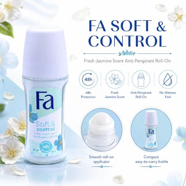 Fa Soft & Control Anti-Perspirant Roll-On 50ml (24PC/CTN)– Fresh Jasmine Scent Deodorant with 48H Protection