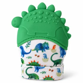 Baby Silicone Teething Mitten Glove – Green Dinosaur Teether for Infants