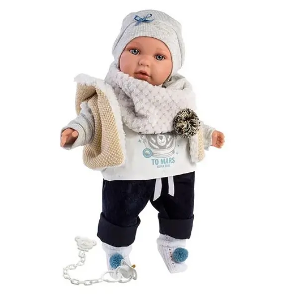 Llorens Enzo Baby Doll 42cm - Crying Feature, Elephant Pajamas, Hooded Jacket, Pacifier, Phthalate-Free, Organic Wool