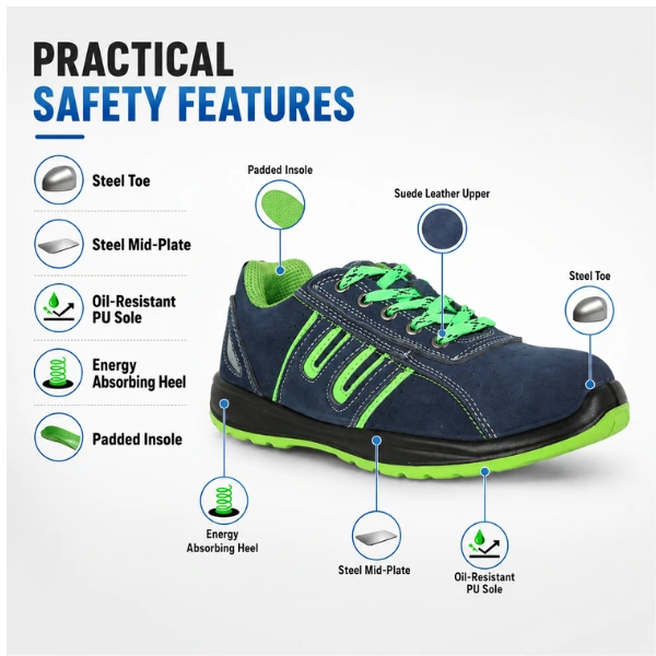 Armstrong UFS Low Ankle Safety Shoes with Steel Toe & Steel Mid-Plate, Blue Suede Leather Industrial Work Shoes, Oil Resistant PU Sole, Padded Insole, SBP Standard, Blue/Green