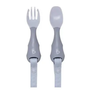 Bibado Handi Cutlery Fork & Spoon Set, Ergonomic Grip, No-Drop Strap, Food-Safe Material, 6 Months+, 10 cm, Mist - 2 Pieces