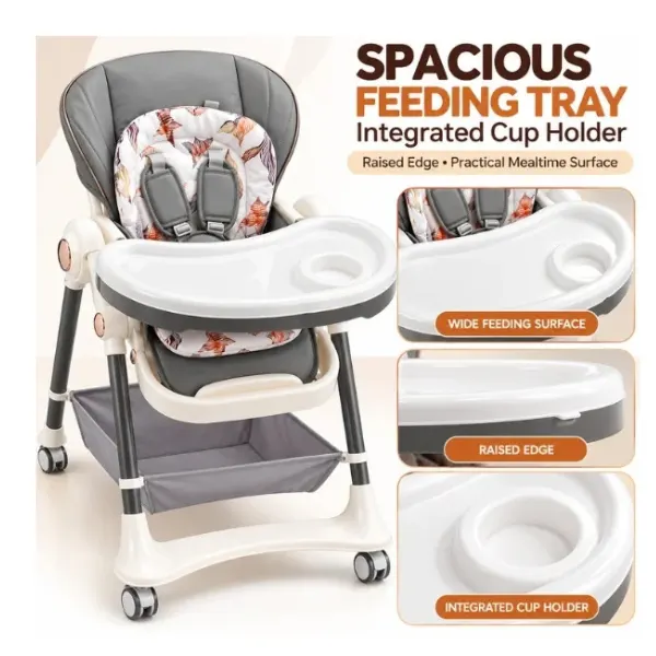 AL ARQAM Baby High Chair with Feeding Tray, Safety Harness, Caster Wheels & Storage Basket, Adjustable Infant Feeding Chair for Home Use – Grey & Cream