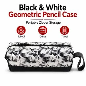 Geometric Pencil Case, Large Capacity Portable Zipper Storage Pouch, Durable Canvas Pen Organizer Bag with Handle for School, Office, and Travel, Black & White Pattern