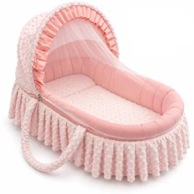 Baby Moses Basket with Mesh Canopy & Carry Handles – 80 × 45 CM, Light Pink
