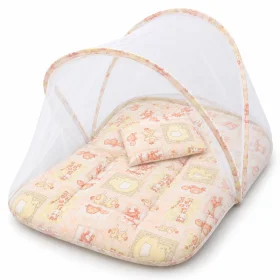AL ARQAM Baby Mattress with Mesh Canopy & Matching Pillow, 75 × 50 cm, Padded Baby Nest for Nursery & Home Use – Beige Safari Animal Print