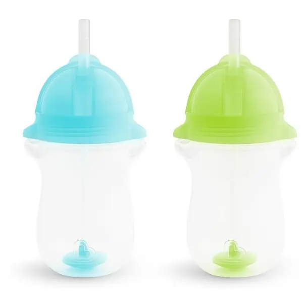 Munchkin Any Angle Click Lock Weighted Straw Trainer Cup, 10oz, 2 Pack – Blue and Green, Spill-Proof Sippy Cups for Babies and Toddlers