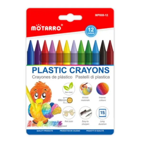 MOTARRO Plastic Crayons 12 Colors MP008-12, Non-Toxic Coloring Crayons for Kids, Smooth & Break-Resistant