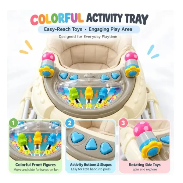 Baby Walker with Padded High-Back Seat & Activity Tray, Cream Infant Walker with Colorful Toys, Wide Base, Support Frame & Wheels for Indoor Baby Activity