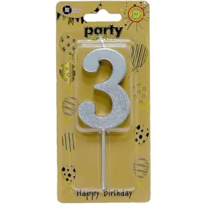 Italo Number 3 Glitter Dipped Birthday Candle, Silver