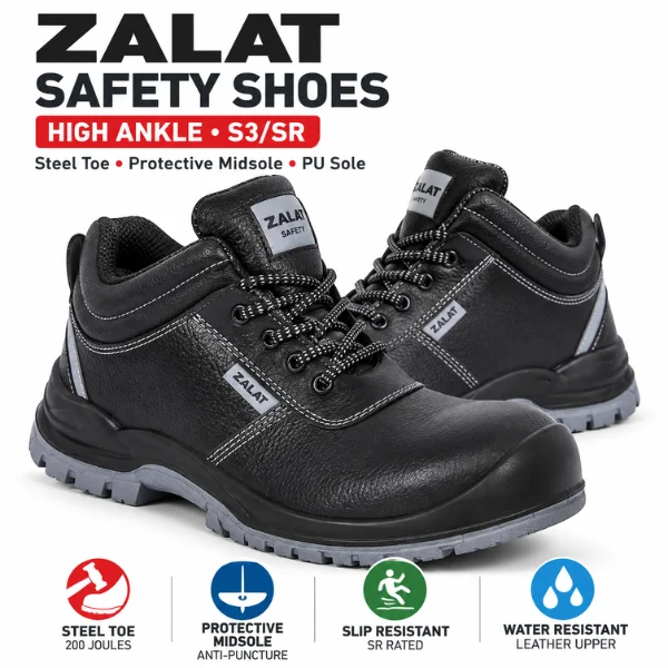 High Ankle Safety Shoes S3/SR, Steel Toe Work Shoes with Flexible Steel Midsole, Water Resistant Genuine Leather Upper, Slip Resistant Double Density PU Sole, Black