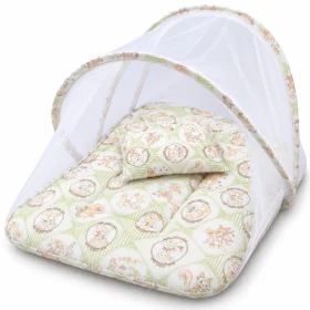 AL ARQAM Baby Mattress with Mesh Canopy & Matching Pillow, 75 × 50 cm Padded Baby Nest for Nursery & Home Use – Green Animal Print