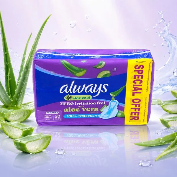 Always Aloe Cool Sanitary Pads 50 Pads (8PK/CTN) – Maxi Thick Long Pads with Aloe Vera Freshness
