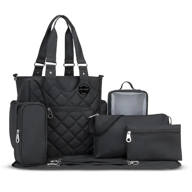 Little Story - Black Quilted Diaper Bag & Baby Essential Set - 7 Pcs