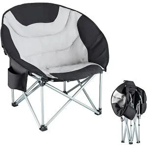 AL ARQAM 150kg Heavy Duty Oversized Camping Chair – Padded Folding Moon Chair with Cup Holder & Carry Bag, Extra Wide Outdoor Seat – Black/Grey
