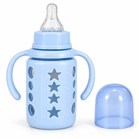 ALGO 120ml Glass Baby Feeding Bottle with Handles – Light Blue