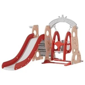AL ARQAM 3-in-1 Indoor & Outdoor Play Structure – Plastic Slide with Swing & Basketball Hoop – Kids Activity Set, Size: 141x204x106cm, RED & Beige