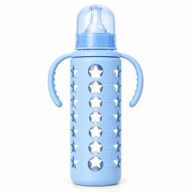 ALGO 240ml Glass Baby Feeding Bottle with Handles – Light Blue