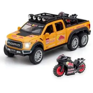 AL ARQAM 1:28 Die-Cast F150 Pickup Truck Toy with Sound & Light, Trailer & Sports Bike, Boys 3+ (Multicolor)