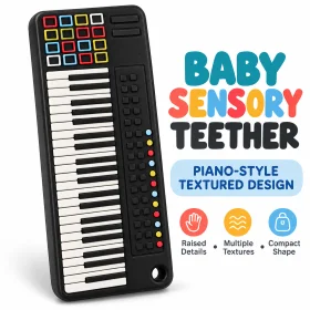 Black Piano-Style Textured Baby Teether with Sensory Details & Raised Patterns